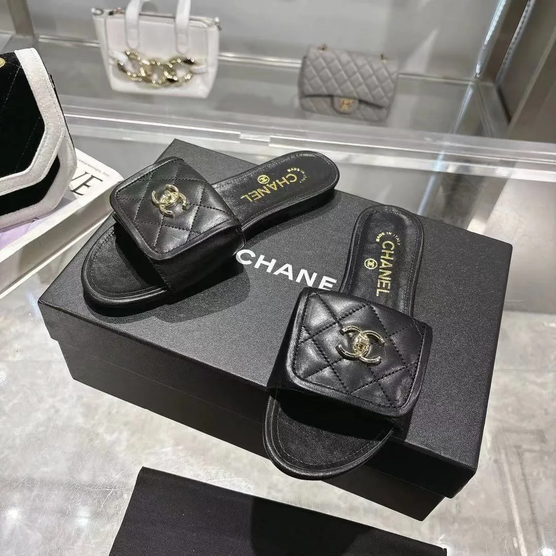 👟👟Ex-factory price 340👟👟Chanel Chanel 25C new women's double C schoolbag buckle flat sandals, fabric sheepskin, color: black: white: pink: apricot, code number: 5-40 (customized 41 42 43 customized non-refundable)